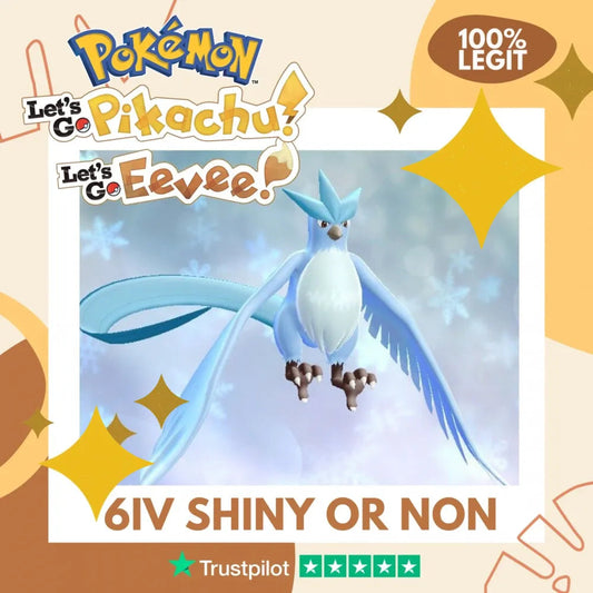 Articuno Shiny ✨ or Non Shiny Pokémon Let's Go Pikachu Eevee Level 100 Competitive Battle Ready 6 IV 100% Legit Legal Customizable Custom OT by Shiny Living Dex | Shiny Living Dex