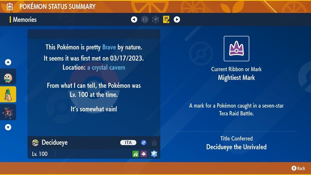 Decidueye Unrivaled Tera Raid March 2023 Event Untouched Pokémon Scarlet Violet Non shiny Lv. 100 by Shiny Living Dex | Shiny Living Dex