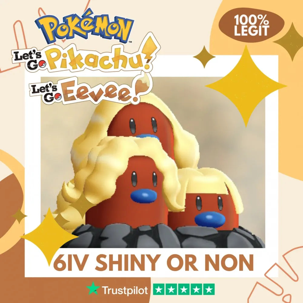 Dugtrio Alolan Shiny ✨ or Non Shiny Pokémon Let's Go Pikachu Eevee Level 100 Competitive Battle Ready 6 IV 100% Legit Legal Customizable Custom OT by Shiny Living Dex | Shiny Living Dex