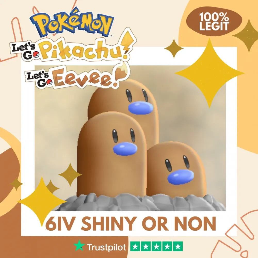 Dugtrio Kanto Shiny ✨ or Non Shiny Pokémon Let's Go Pikachu Eevee Level 100 Competitive Battle Ready 6 IV 100% Legit Legal Customizable Custom OT by Shiny Living Dex | Shiny Living Dex