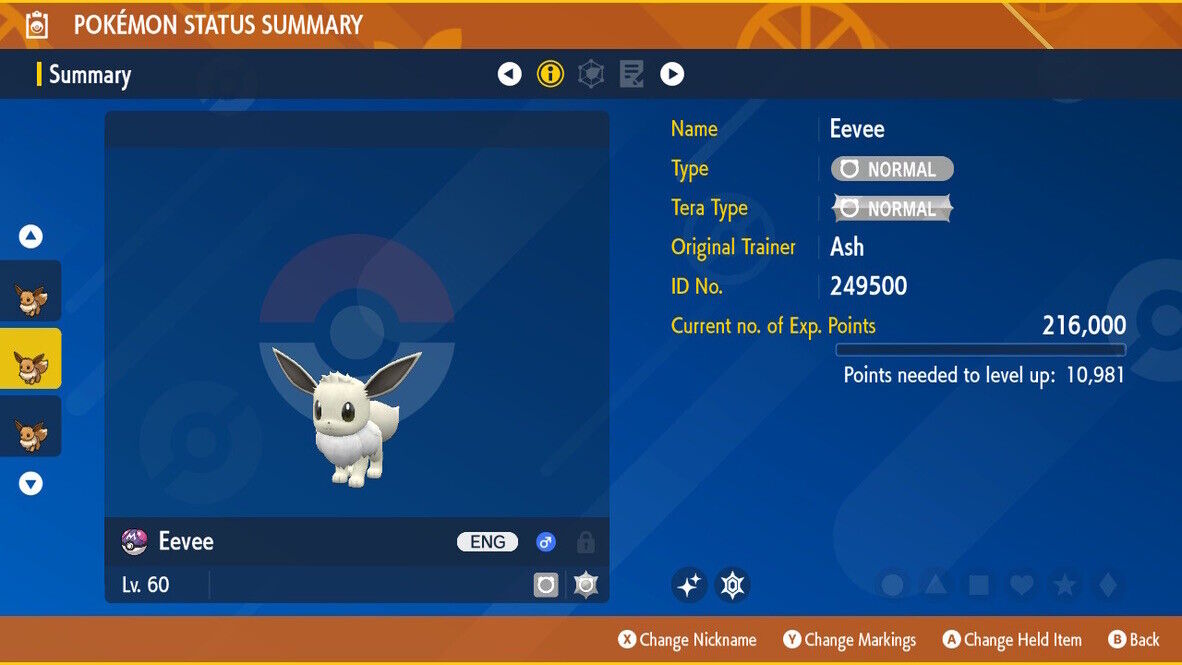 Eevee Mass 60 Outbreak Event Excited Mark Shiny Untouched Pokémon Scarlet Violet Shiny Level 60 by Shiny Living Dex | Shiny Living Dex