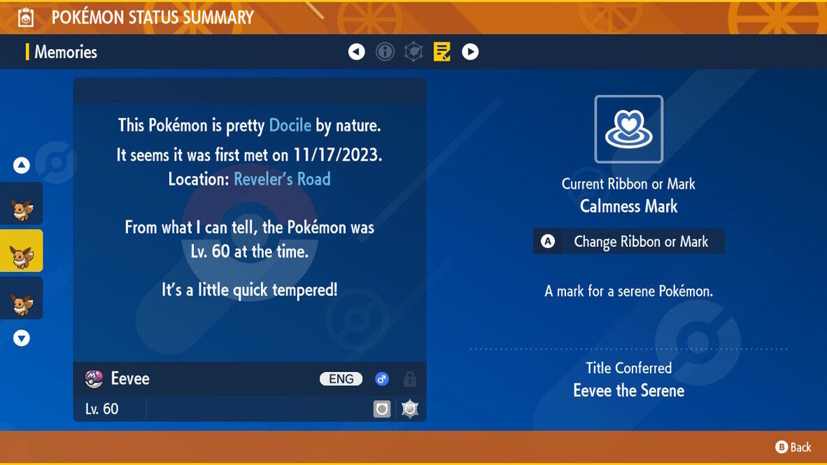Eevee Mass Outbreak Event Calmness Mark Shiny Untouched Pokémon Scarlet Violet Shiny Level 60 by Shiny Living Dex | Shiny Living Dex