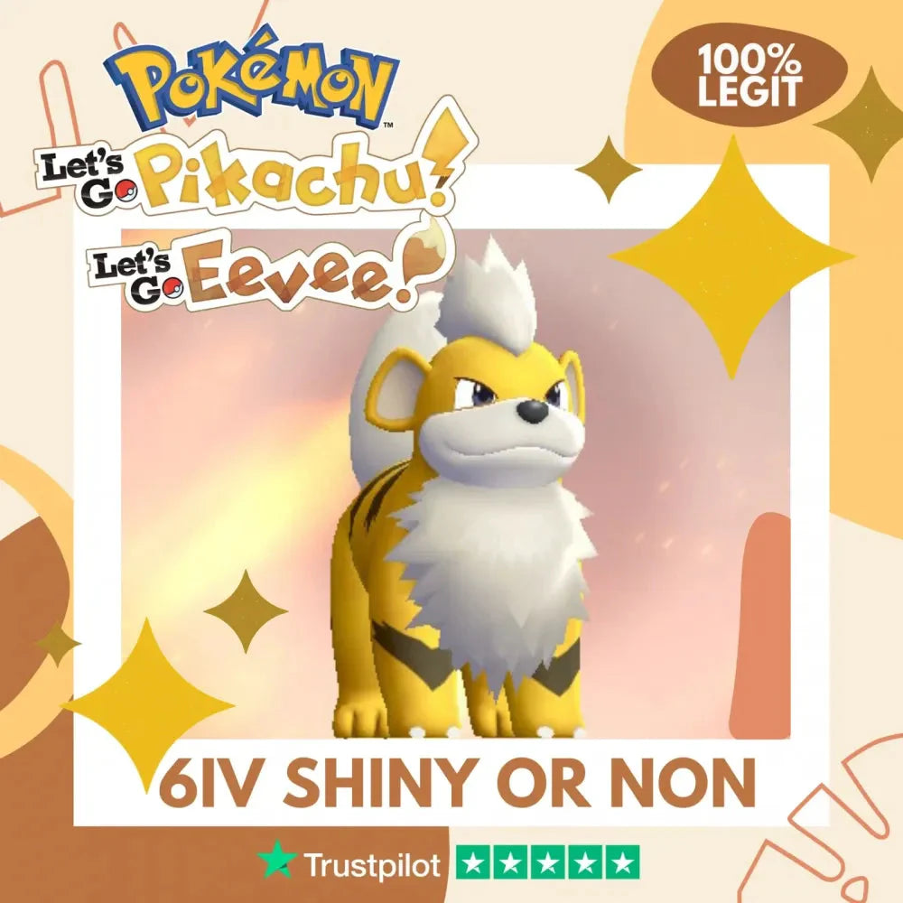 Growlithe Shiny ✨ or Non Shiny Pokémon Let's Go Pikachu Eevee Level 1 Legit 6 IV 100% Legal from GO Park Customizable Custom OT by Shiny Living Dex | Shiny Living Dex