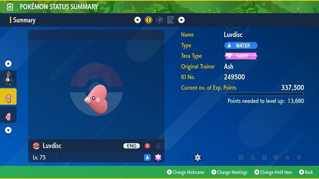 Luvdisc Valentine’s Day Tera Raid Event 2024 Untouched Pokémon Scarlet Violet Non Shiny Lv. 75 by Shiny Living Dex | Shiny Living Dex