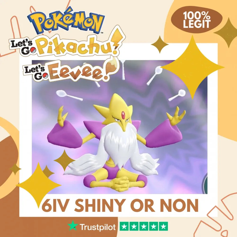 Mega Alakazam Shiny ✨ or Non Shiny Pokémon Let's Go Pikachu Eevee Level 100 Competitive Battle Ready 6 IV 100% Legit Legal Customizable Custom OT by Shiny Living Dex | Shiny Living Dex