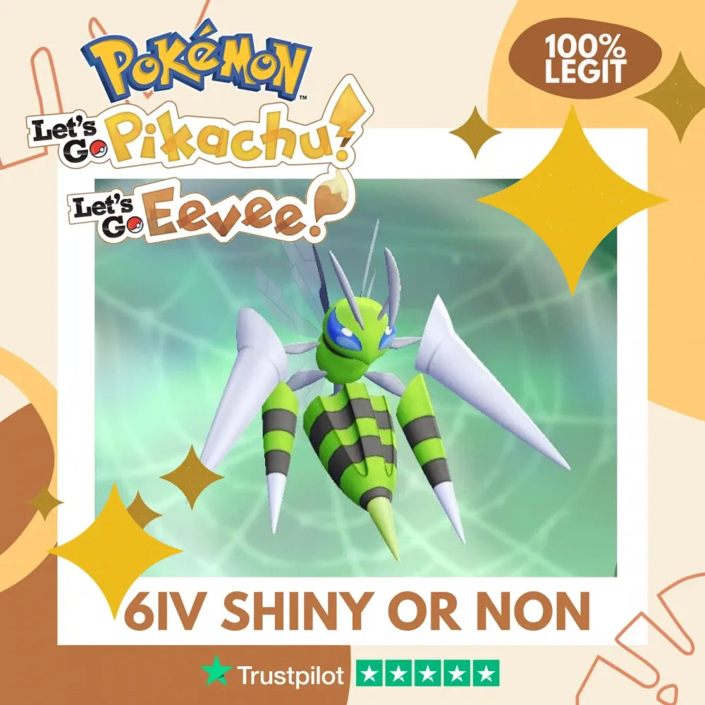 Mega Beedrill Shiny ✨ or Non Shiny Pokémon Let's Go Pikachu Eevee Level 100 Competitive Battle Ready 6 IV 100% Legit Legal Customizable Custom OT by Shiny Living Dex | Shiny Living Dex
