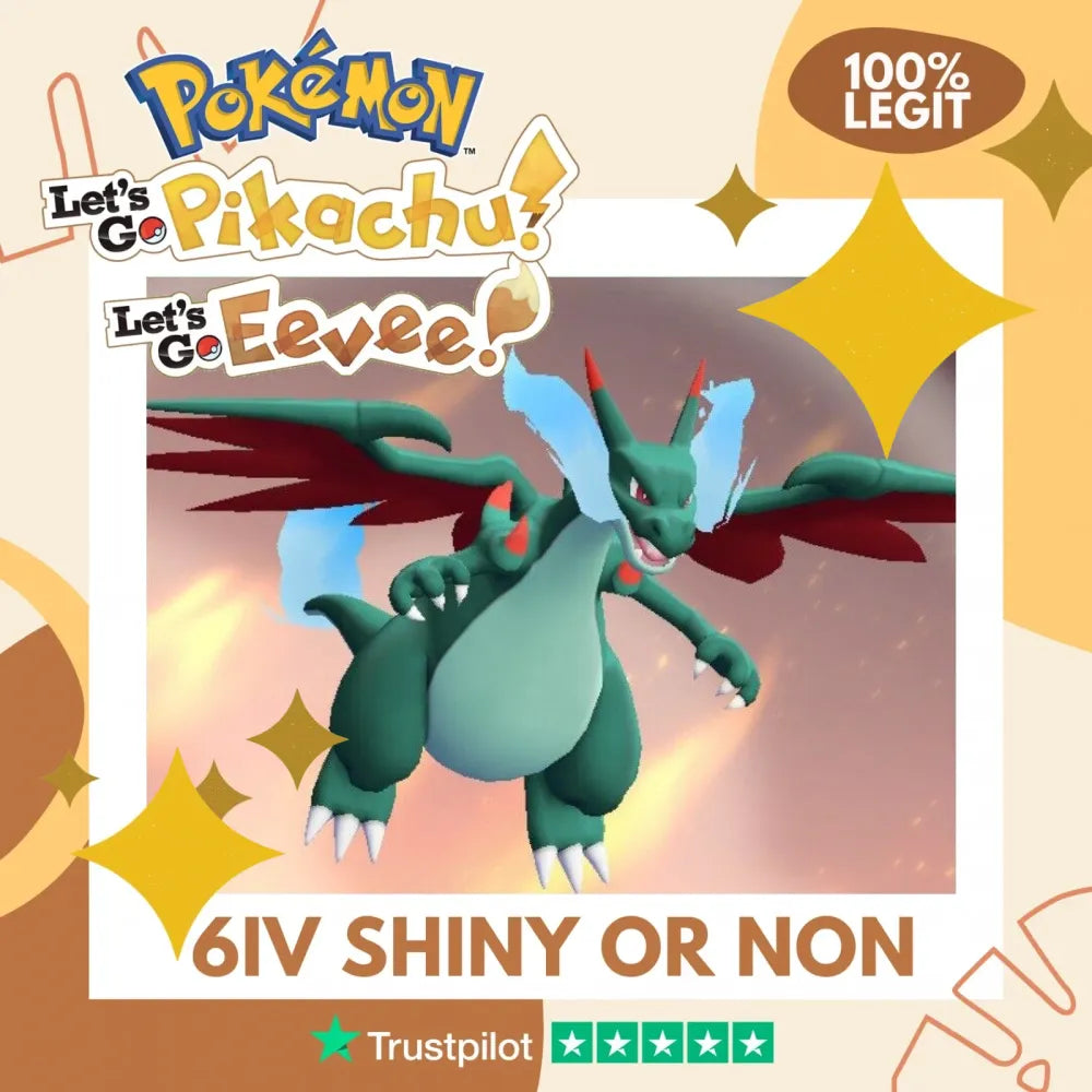 Mega Charizard X Shiny ✨ or Non Shiny Pokémon Let's Go Pikachu Eevee Level 100 Competitive Battle Ready 6 IV 100% Legit Legal Customizable Custom OT by Shiny Living Dex | Shiny Living Dex