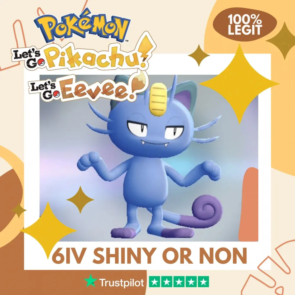 Meowth Alolan Shiny ✨ or Non Shiny Pokémon Let's Go Pikachu Eevee Level 1 Legit 6 IV 100% Legal from GO Park Customizable Custom OT by Shiny Living Dex | Shiny Living Dex