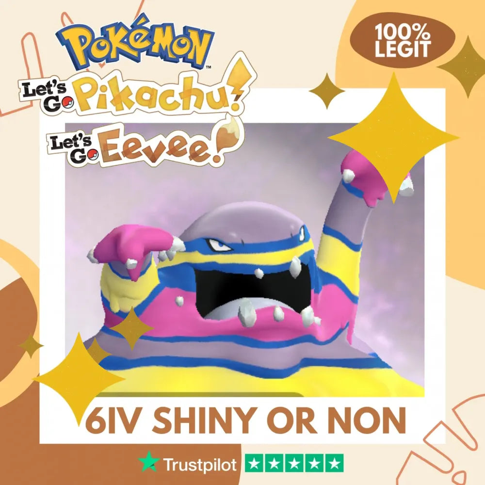 Muk Alolan Shiny ✨ or Non Shiny Pokémon Let's Go Pikachu Eevee Level 100 Competitive Battle Ready 6 IV 100% Legit Legal Customizable Custom OT by Shiny Living Dex | Shiny Living Dex