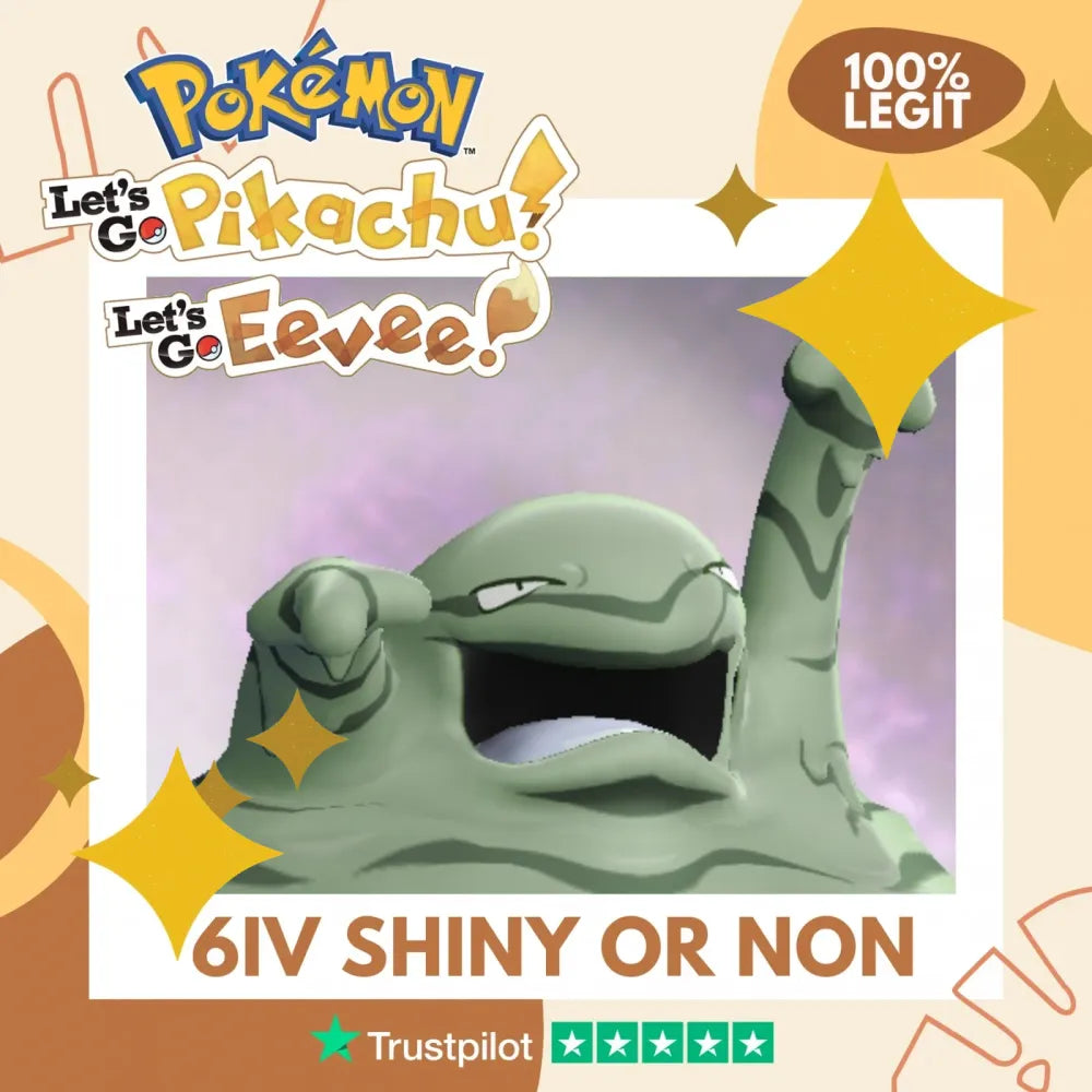 Muk Kanto Shiny ✨ or Non Shiny Pokémon Let's Go Pikachu Eevee Level 100 Competitive Battle Ready 6 IV 100% Legit Legal Customizable Custom OT by Shiny Living Dex | Shiny Living Dex