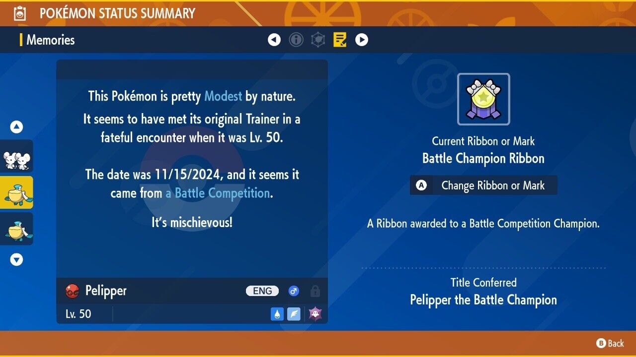 Pelipper Shiny Patrick Connor Champion Event IV Untouched Pokémon Scarlet Violet