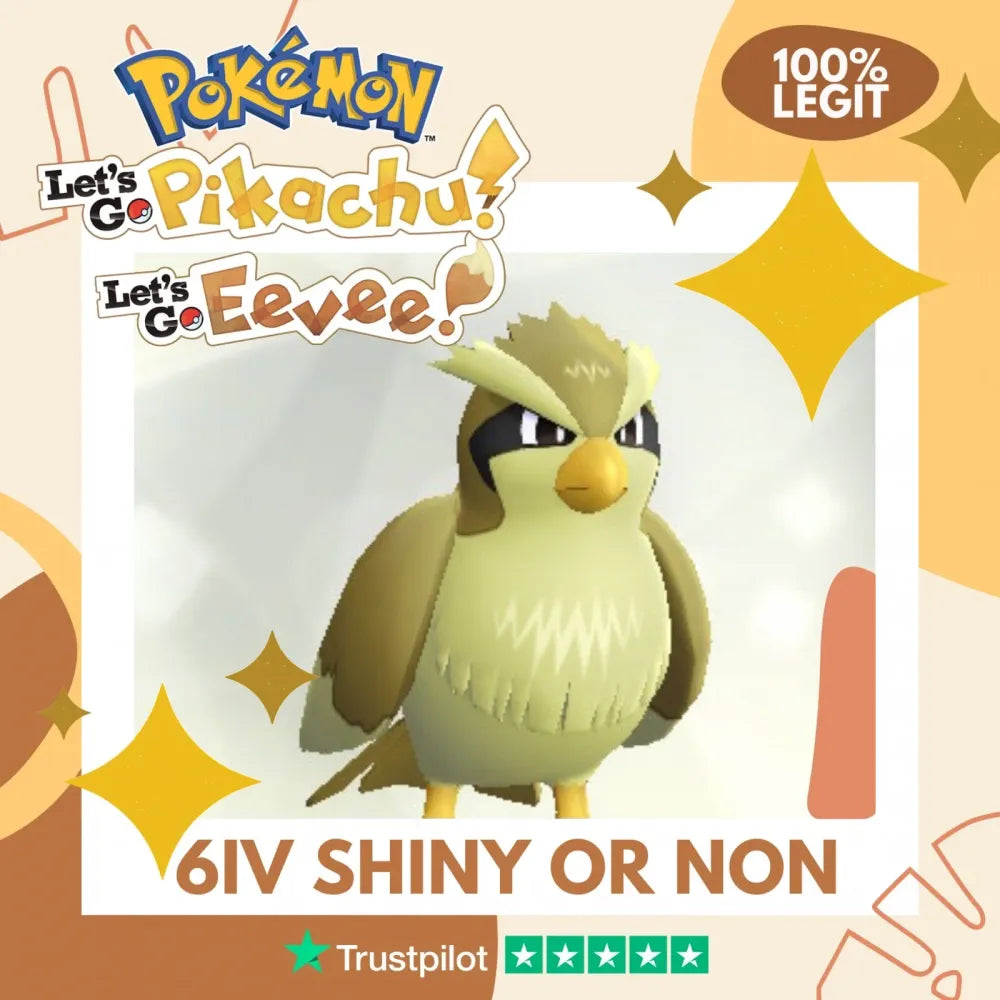 Pidgey Shiny ✨ or Non Shiny Pokémon Let's Go Pikachu Eevee Level 1 Legit 6 IV 100% Legal from GO Park Customizable Custom OT by Shiny Living Dex | Shiny Living Dex