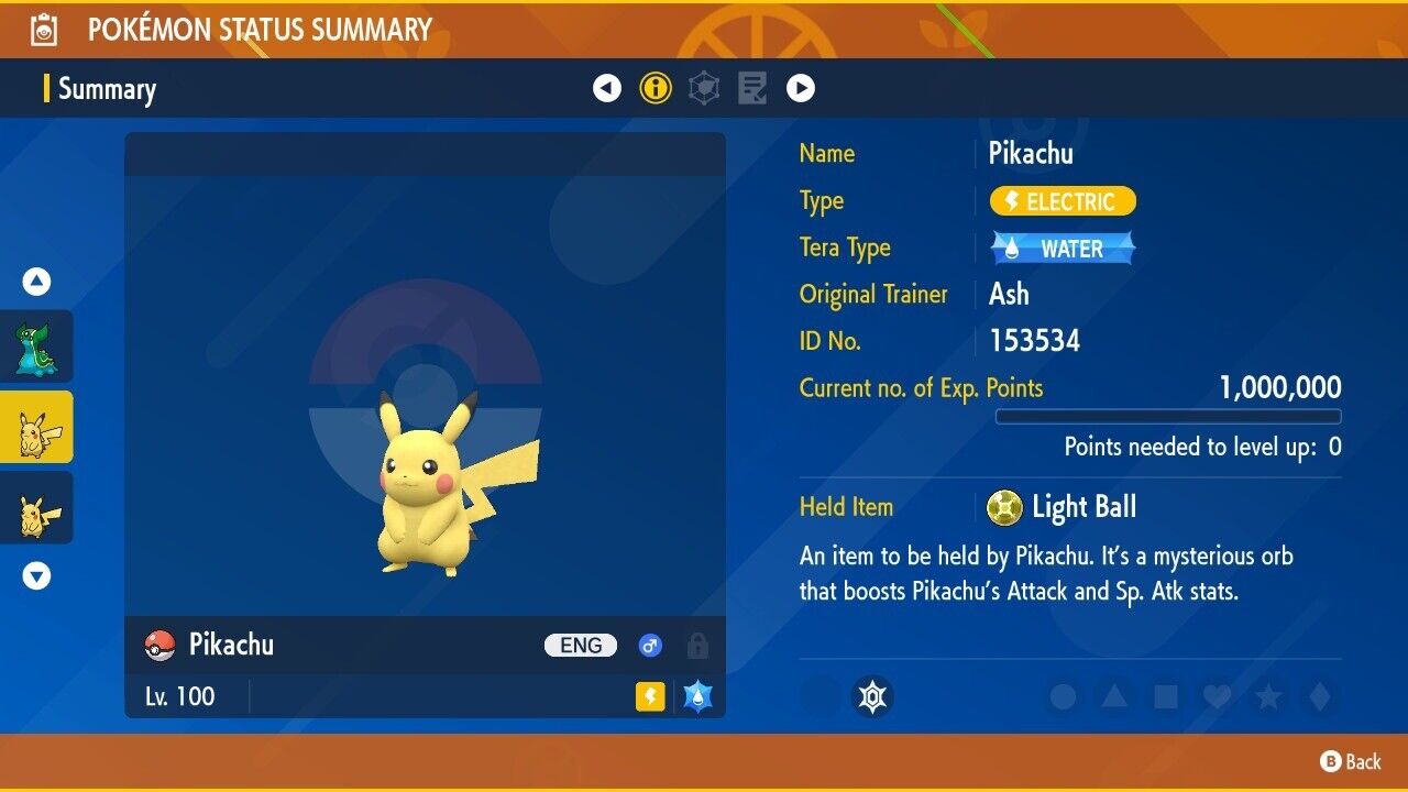 Pikachu Unrivaled Tera Raid Water Event Untouched Pokémon Scarlet Violet Non shiny Lv. 100 by Shiny Living Dex | Shiny Living Dex