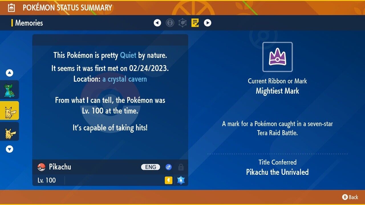 Pikachu Unrivaled Tera Raid Water Event Untouched Pokémon Scarlet Violet Non shiny Lv. 100 by Shiny Living Dex | Shiny Living Dex