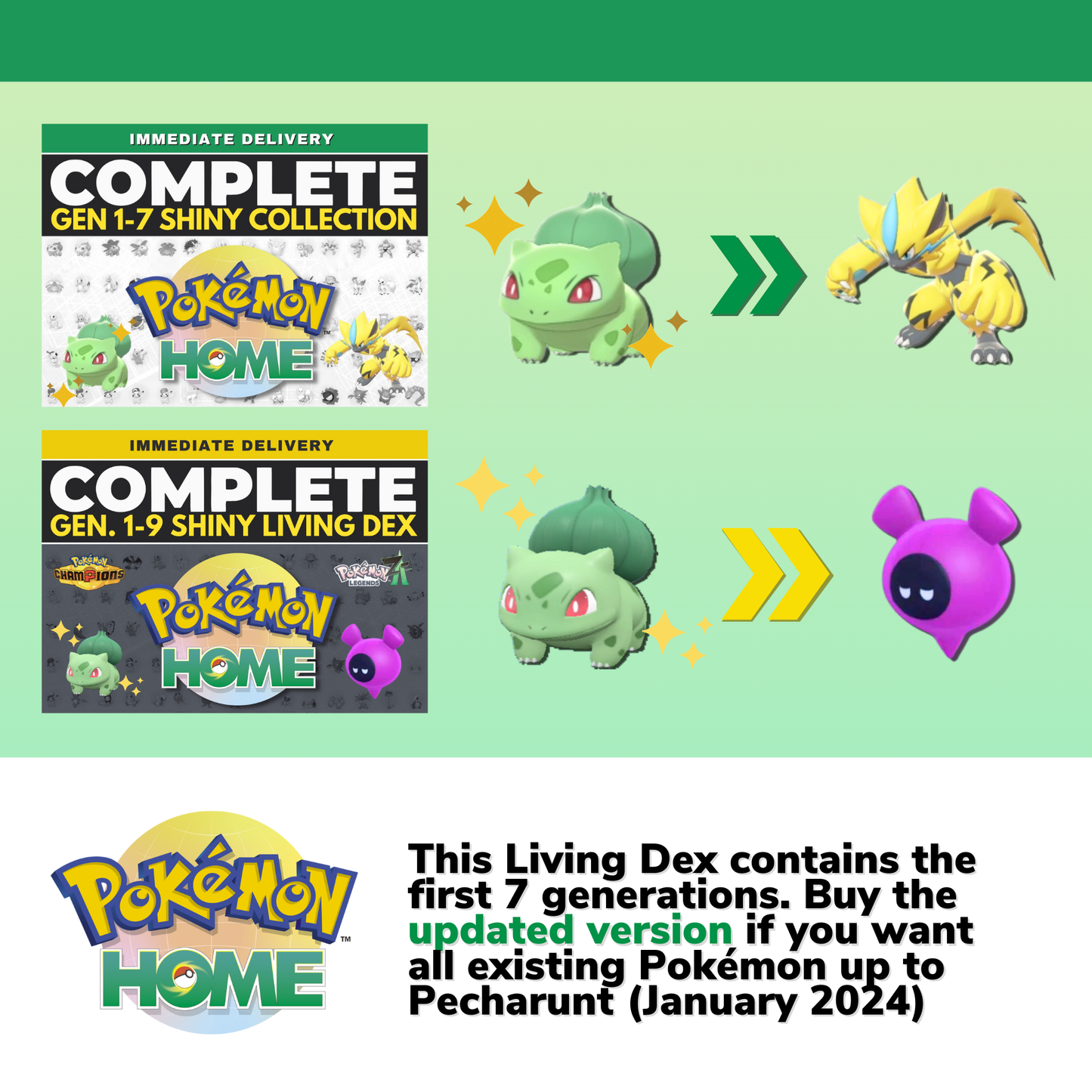Pokémon Home Shiny Living Dex Generation 1-7 From Bulbasaur to Zeraora 950 Pokemon Compatible with Scarlet & Sword 6 IV