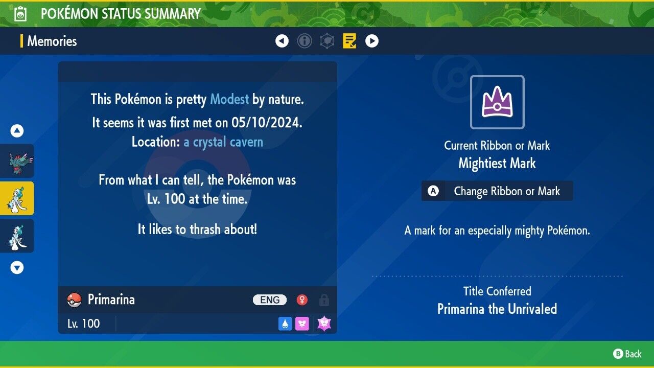 Primarina Unrivaled Tera Raid Event Mightiest Untouched Pokémon Scarlet Violet Non shiny Lv. 100 by Shiny Living Dex | Shiny Living Dex