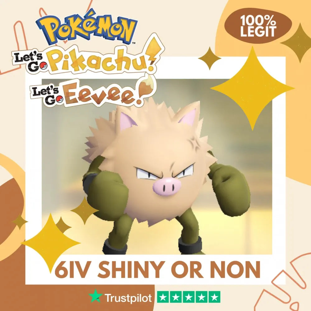 Primeape Shiny ✨ or Non Shiny Pokémon Let's Go Pikachu Eevee Level 100 Competitive Battle Ready 6 IV 100% Legit Legal Customizable Custom OT by Shiny Living Dex | Shiny Living Dex