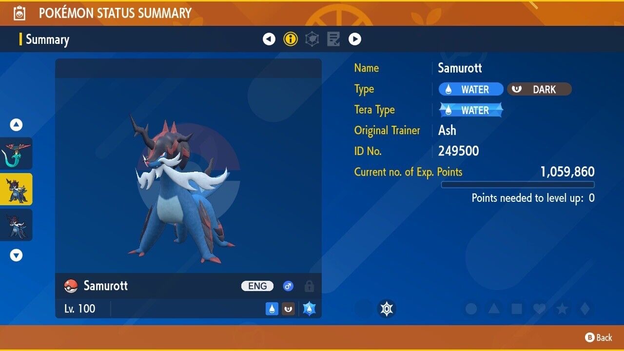 Samurott Hisui Unrivaled Tera Raid Event Water Untouched Pokémon Scarlet Violet Non shiny Lv. 100 by Shiny Living Dex | Shiny Living Dex