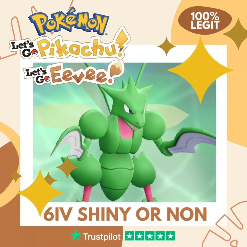 Scyther Shiny ✨ or Non Shiny Pokémon Let's Go Pikachu Eevee Level 100 Competitive Battle Ready 6 IV 100% Legit Legal Customizable Custom OT by Shiny Living Dex | Shiny Living Dex