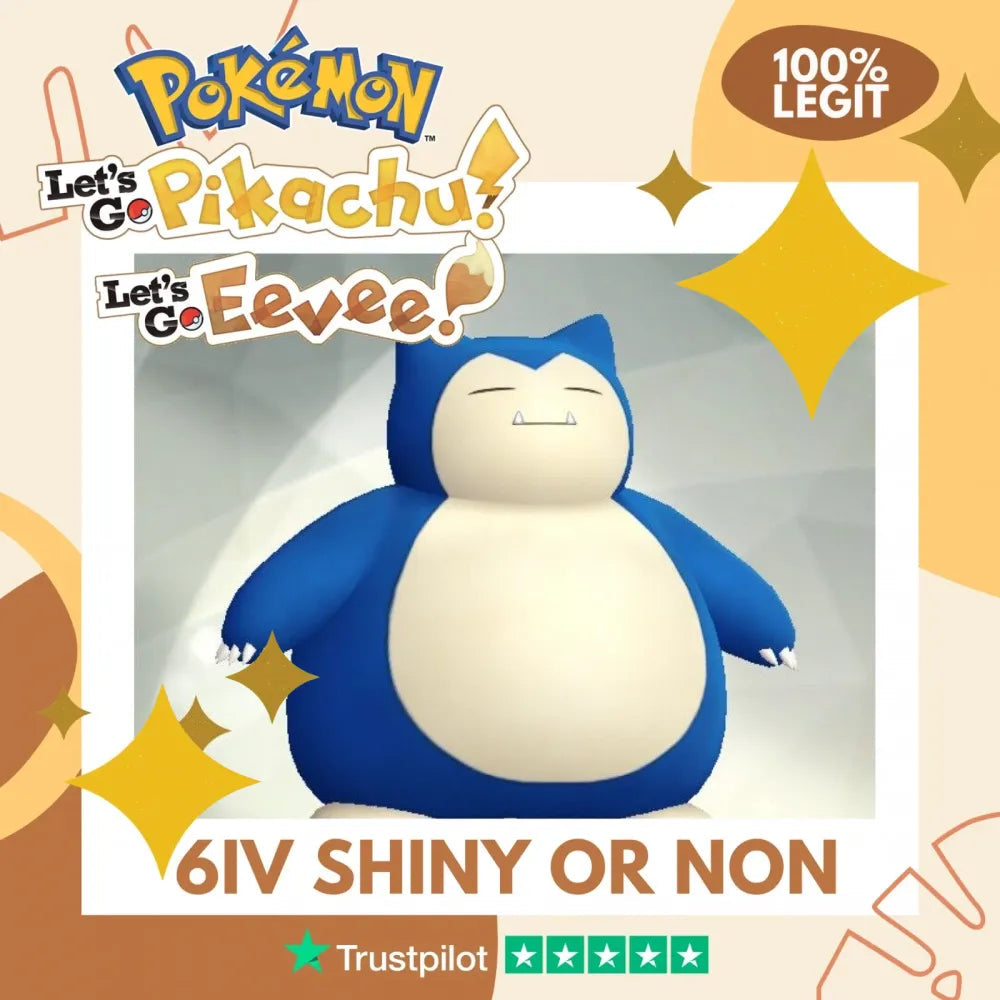 Snorlax Shiny ✨ or Non Shiny Pokémon Let's Go Pikachu Eevee Level 100 Competitive Battle Ready 6 IV 100% Legit Legal Customizable Custom OT by Shiny Living Dex | Shiny Living Dex