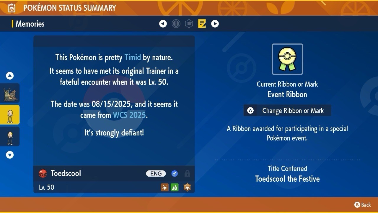 Toedscool WCS Event 2025 World Championships Untouched IV Pokémon Scarlet Violet