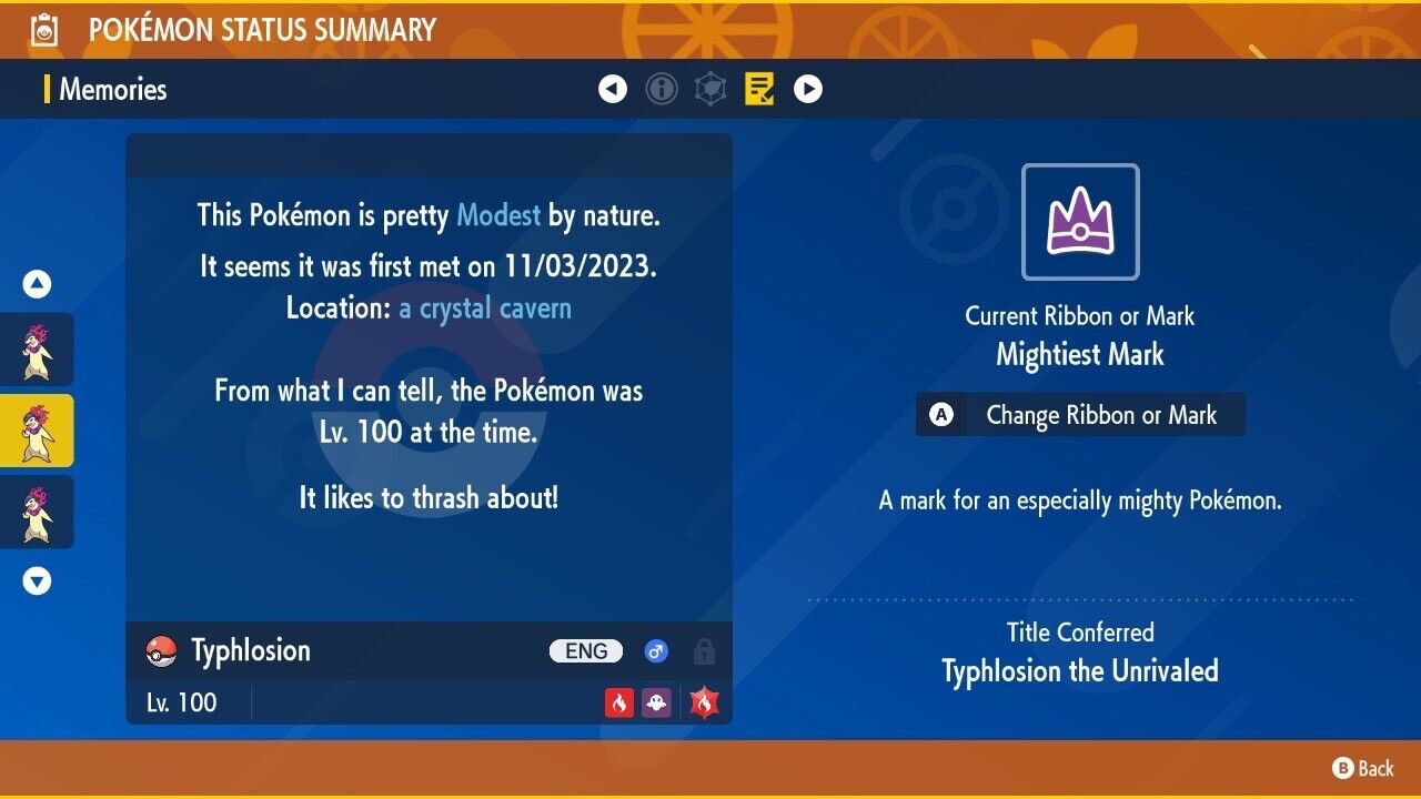 Typhlosion Hisui Mark Unrivaled Tera Raid Event Untouched Pokémon Scarlet Violet Non shiny Lv. 100 by Shiny Living Dex | Shiny Living Dex