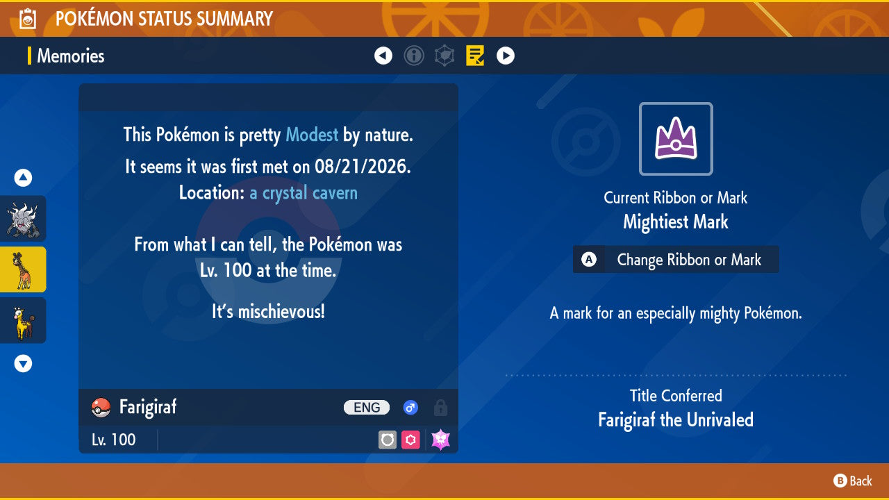 Farigiraf Unrivaled Tera Raid Event Mightiest Mark 6 IV Pokémon Scarlet Violet