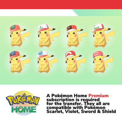 All Event Pikachu Hat Non Shiny Complete Collection Pokémon HOME Original Partner Alola Kalos Unova Sinnoh World Legit