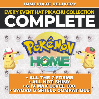 All Event Pikachu Hat Non Shiny Complete Collection Pokémon HOME Original Partner Alola Kalos Unova Sinnoh World Legit Trainer name Ash by Il mio negozio | Shiny Living Dex