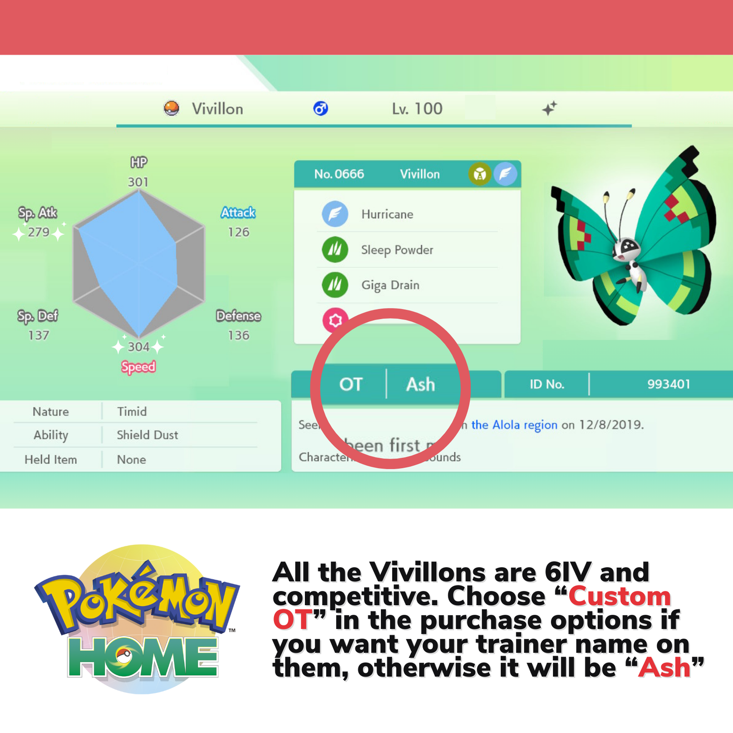 All Vivillon Shiny & Non Shiny Complete Collection Pokémon HOME Every 20 Forms Custom Trainer name OT 6 IV Legit