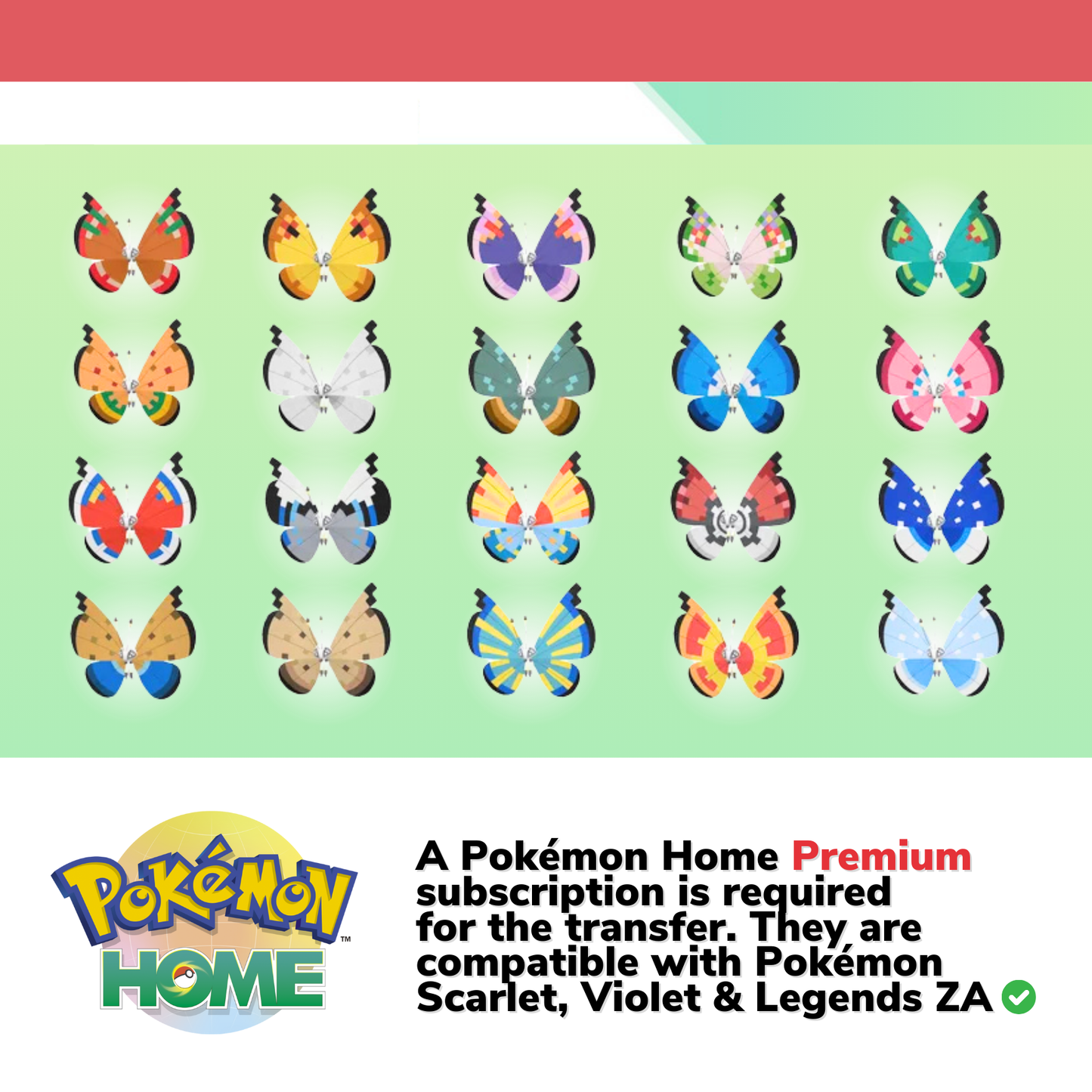 All Vivillon Shiny & Non Shiny Complete Collection Pokémon HOME Every 20 Forms Custom Trainer name OT 6 IV Legit Scarlet Legends Z-A ready