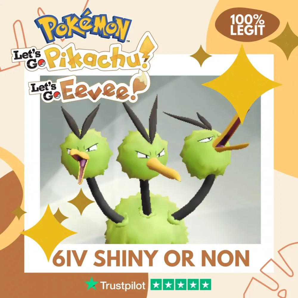 Dodrio Shiny ✨ or Non Shiny Pokémon Let's Go Pikachu Eevee Level 100 Competitive Battle Ready 6 IV 100% Legit Legal Customizable Custom OT by Shiny Living Dex | Shiny Living Dex