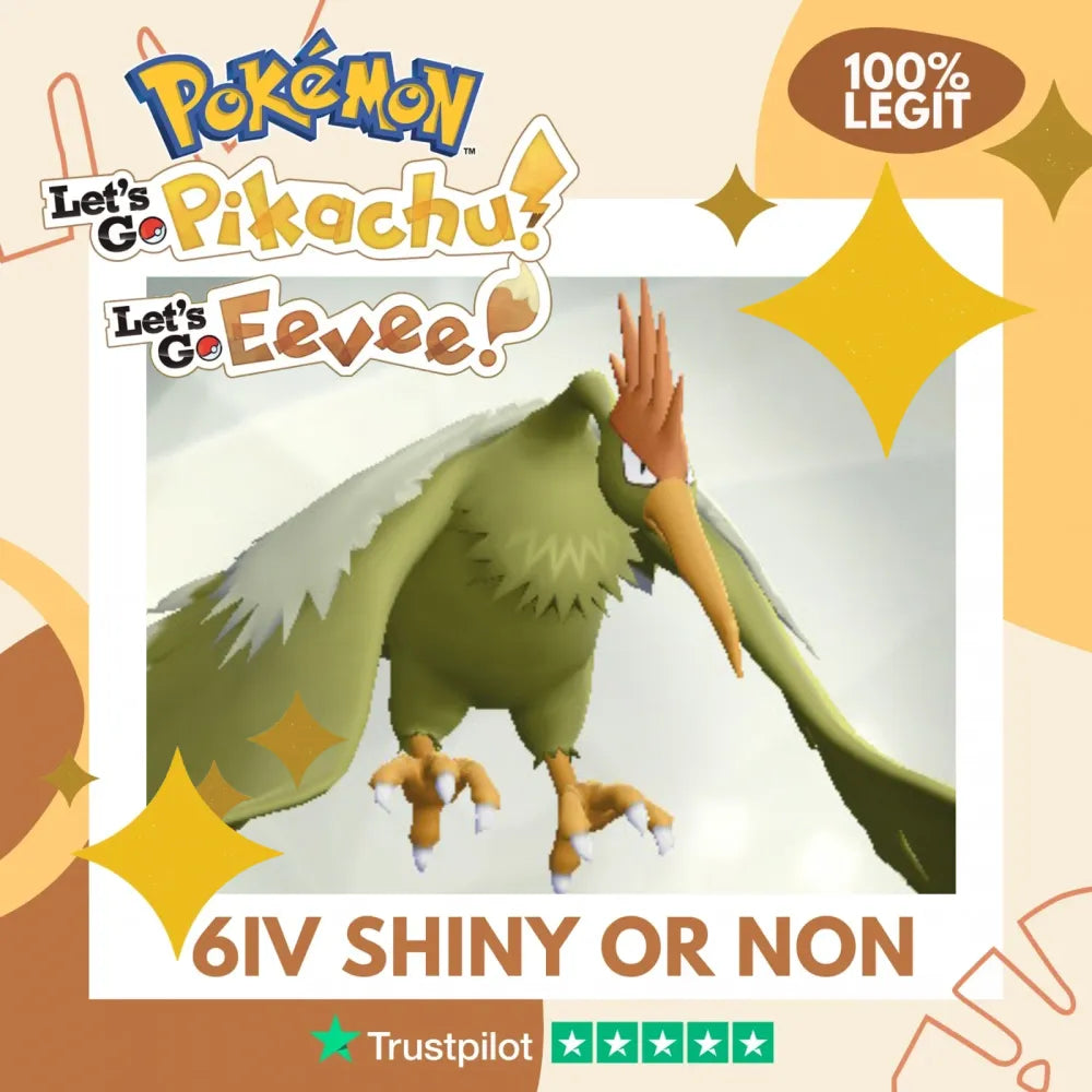 Fearow Shiny ✨ or Non Shiny Pokémon Let's Go Pikachu Eevee Level 100 Competitive Battle Ready 6 IV 100% Legit Legal Customizable Custom OT by Shiny Living Dex | Shiny Living Dex
