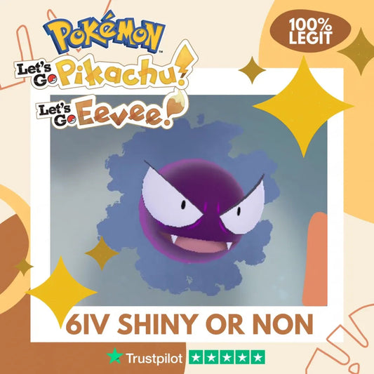 Gastly Shiny ✨ or Non Shiny Pokémon Let's Go Pikachu Eevee Level 1 Legit 6 IV 100% Legal from GO Park Customizable Custom OT by Shiny Living Dex | Shiny Living Dex
