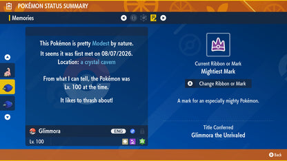 Glimmora Unrivaled Tera Raid Event Mightiest Mark 6 IV Pokémon Scarlet Violet