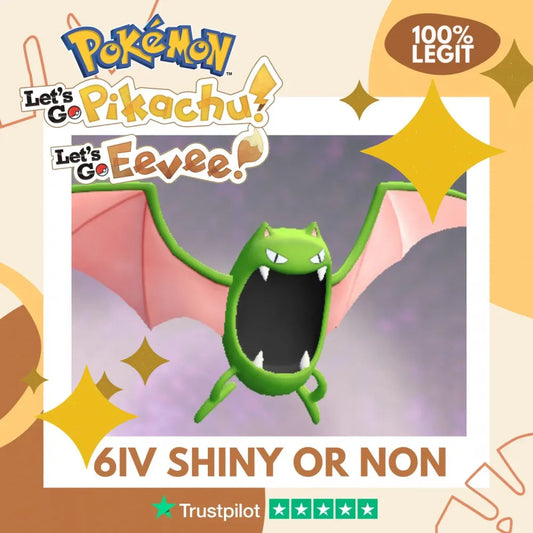 Golbat Shiny ✨ or Non Shiny Pokémon Let's Go Pikachu Eevee Level 100 Competitive Battle Ready 6 IV 100% Legit Legal Customizable Custom OT by Shiny Living Dex | Shiny Living Dex