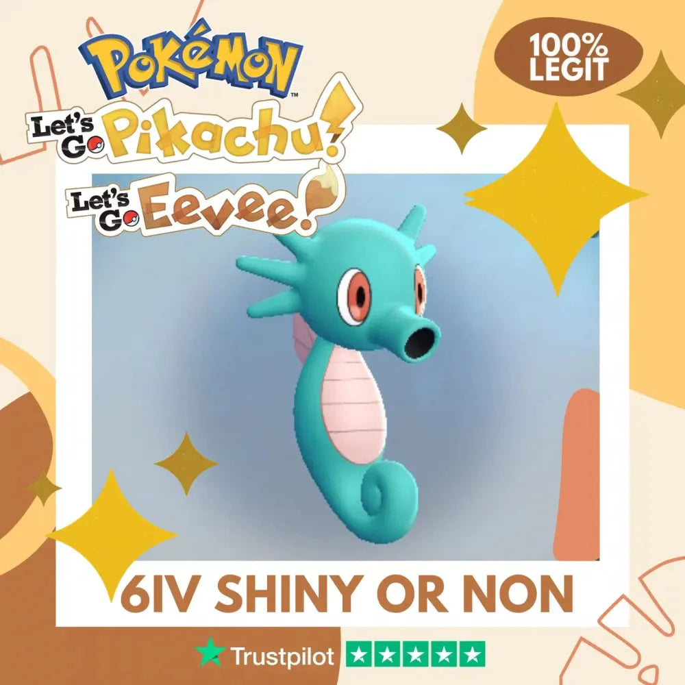 Horsea Shiny ✨ or Non Shiny Pokémon Let's Go Pikachu Eevee Level 1 Legit 6 IV 100% Legal from GO Park Customizable Custom OT by Shiny Living Dex | Shiny Living Dex