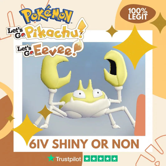 Krabby Shiny ✨ or Non Shiny Pokémon Let's Go Pikachu Eevee Level 1 Legit 6 IV 100% Legal from GO Park Customizable Custom OT by Shiny Living Dex | Shiny Living Dex