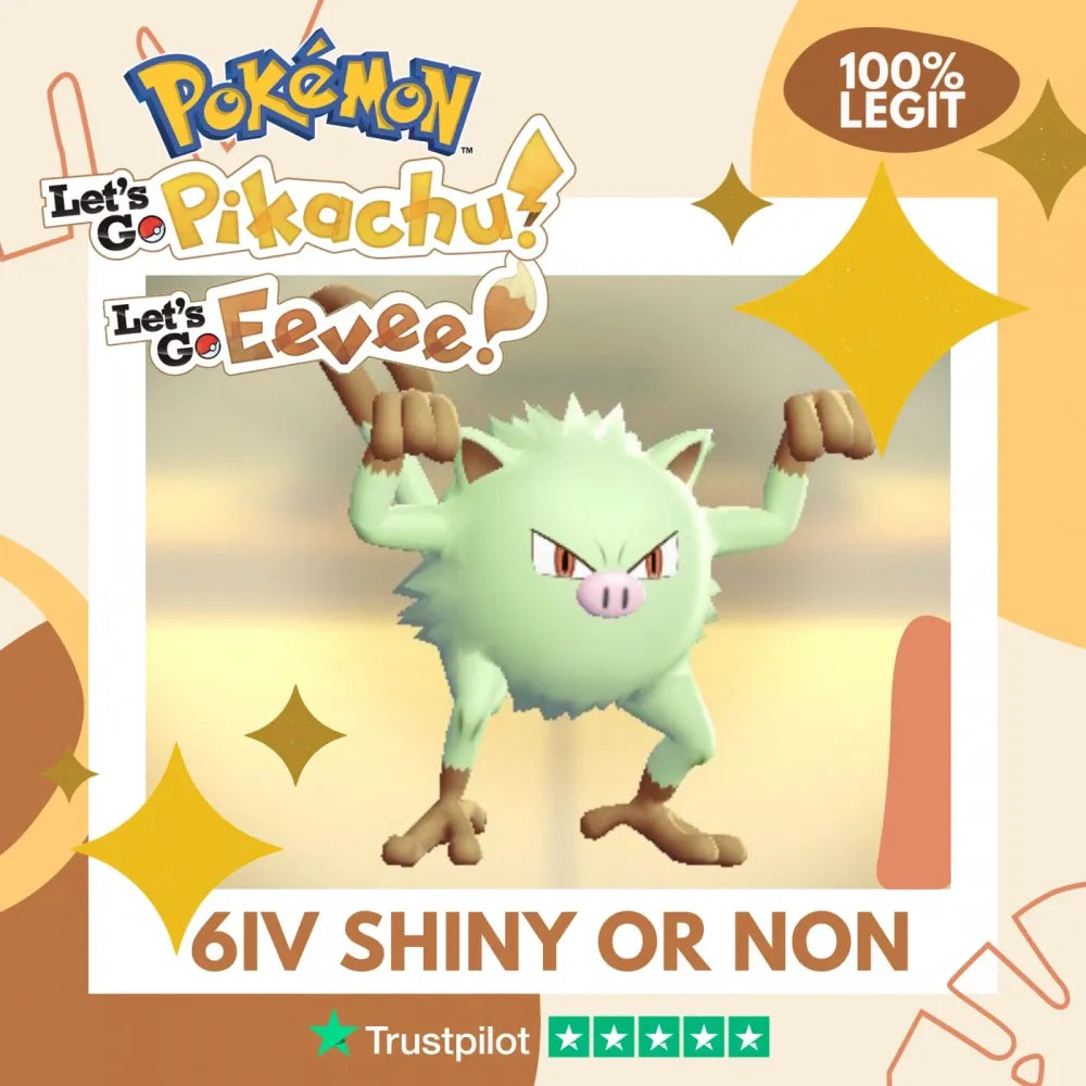 Mankey Shiny ✨ or Non Shiny Pokémon Let's Go Pikachu Eevee Level 1 Legit 6 IV 100% Legal from GO Park Customizable Custom OT by Shiny Living Dex | Shiny Living Dex
