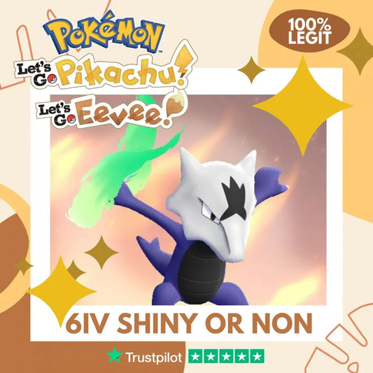 Marowak Alolan Shiny ✨ or Non Shiny Pokémon Let's Go Pikachu Eevee Level 100 Competitive Battle Ready 6 IV 100% Legit Legal Customizable Custom OT by Shiny Living Dex | Shiny Living Dex