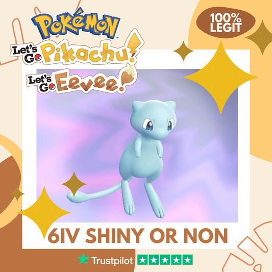 Mew Shiny ✨ or Non Shiny Pokémon Let's Go Pikachu Eevee Level 100 Competitive Battle Ready 6 IV 100% Legit Legal Customizable Custom OT by Shiny Living Dex | Shiny Living Dex