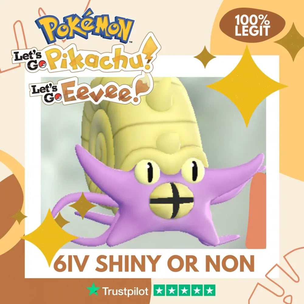 Omastar Shiny ✨ or Non Shiny Pokémon Let's Go Pikachu Eevee Level 100 Competitive Battle Ready 6 IV 100% Legit Legal Customizable Custom OT by Shiny Living Dex | Shiny Living Dex