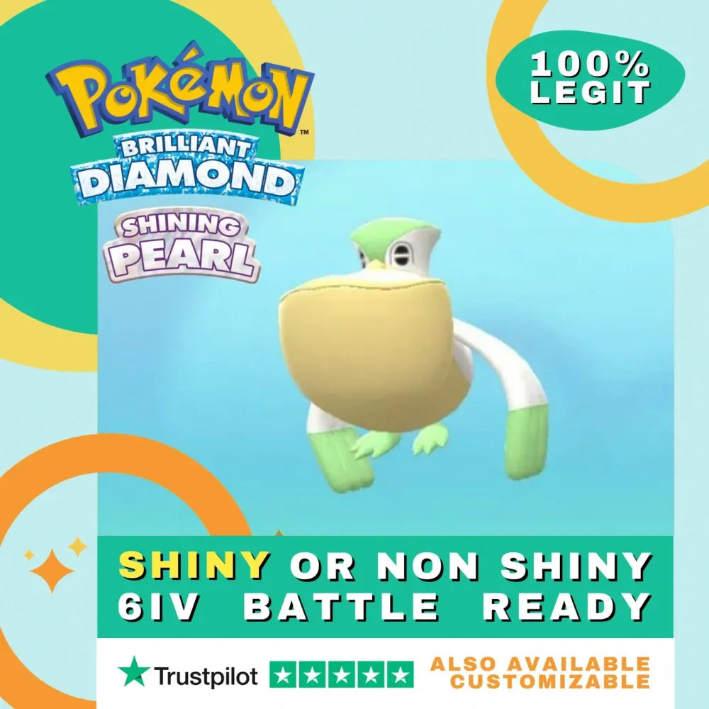 Pelipper Shiny ✨ or Non Shiny Pokémon Brilliant Diamond Shining Pearl Battle Ready 6 IV Competitive 100% Legit Level 100 Customizable Custom OT by Shiny Living Dex | Shiny Living Dex