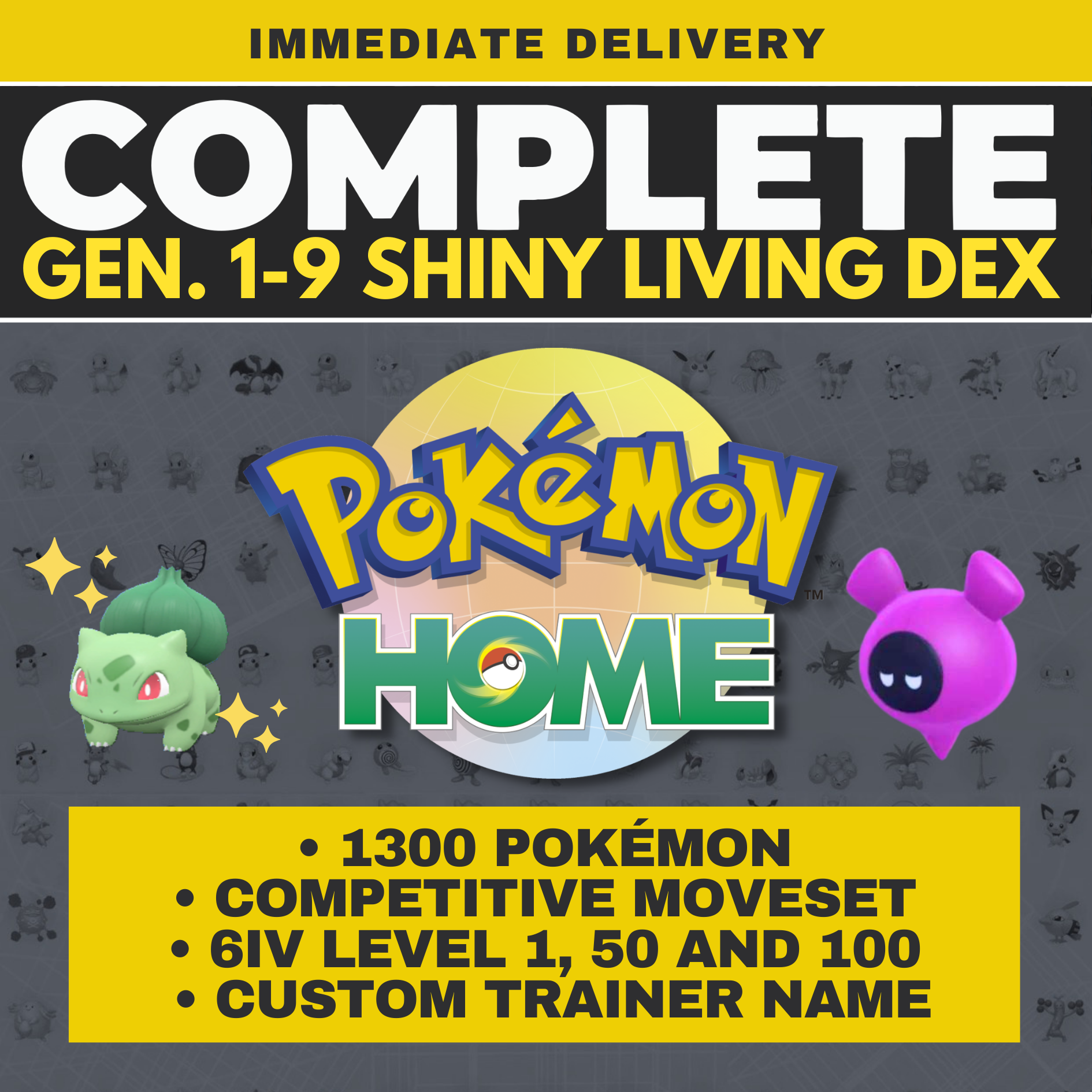 Pokémon HOME Shiny Living Dex 1300 Legit Pokedex OT Custom Complete from Bulbasaur to Pecharunt Scarlet Violet Competitive 6 IV by Il mio negozio | Shiny Living Dex