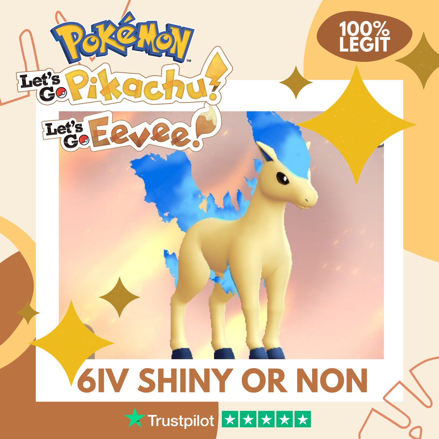 Ponyta Shiny ✨ or Non Shiny Pokémon Let's Go Pikachu Eevee Level 1 Legit 6 IV 100% Legal from GO Park Customizable Custom OT by Shiny Living Dex | Shiny Living Dex