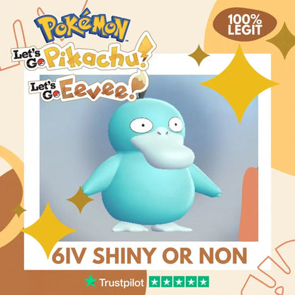 Psyduck Shiny ✨ or Non Shiny Pokémon Let's Go Pikachu Eevee Level 1 Legit 6 IV 100% Legal from GO Park Customizable Custom OT by Shiny Living Dex | Shiny Living Dex