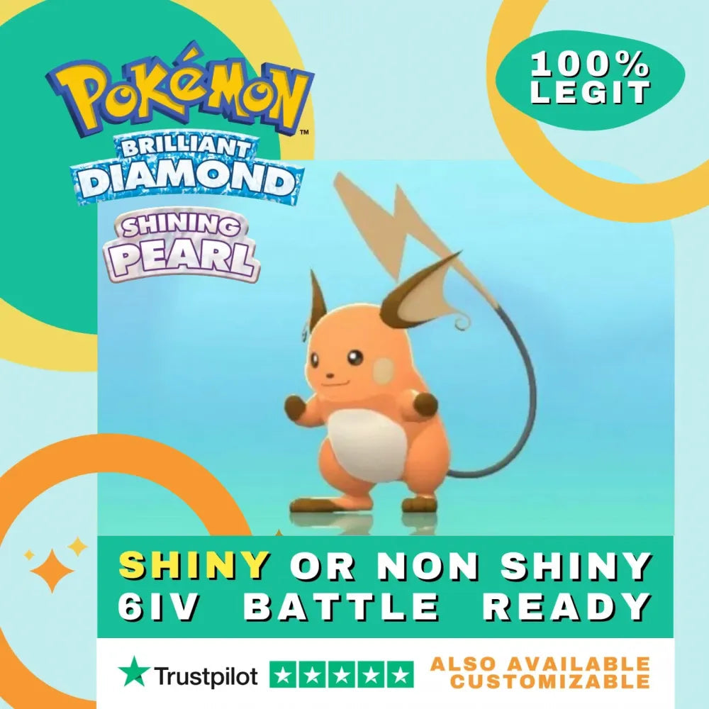 Raichu Shiny ✨ or Non Shiny Pokémon Brilliant Diamond Shining Pearl Battle Ready 6 IV Competitive 100% Legit Level 100 Customizable Custom OT by Shiny Living Dex | Shiny Living Dex