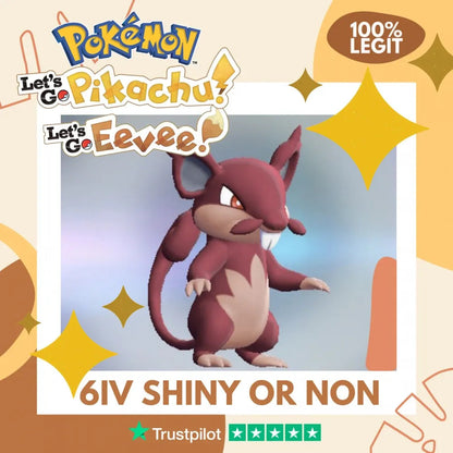 Rattata Alolan Shiny ✨ or Non Shiny Pokémon Let's Go Pikachu Eevee Level 1 Legit 6 IV 100% Legal from GO Park Customizable Custom OT by Shiny Living Dex | Shiny Living Dex