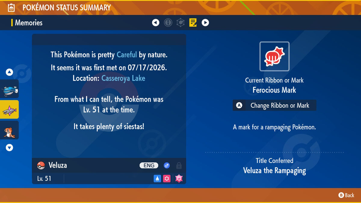 Veluza Shiny Event Ferocious Mark Rampaging Untouched IV Pokémon Scarlet Violet