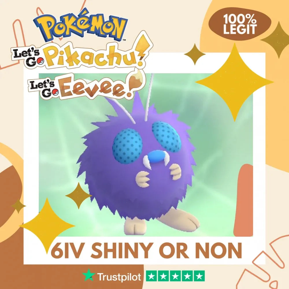 Venonat Shiny ✨ or Non Shiny Pokémon Let's Go Pikachu Eevee Level 1 Legit 6 IV 100% Legal from GO Park Customizable Custom OT by Shiny Living Dex | Shiny Living Dex